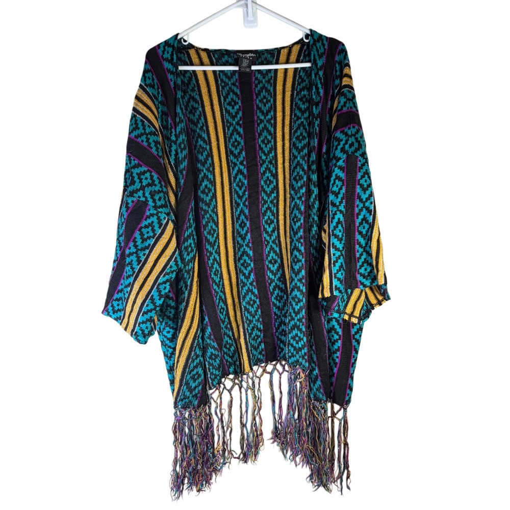 Wrangler Retro Southwestern Fringe Wrap Cardigan L Teal Geometric Aztec Kimono